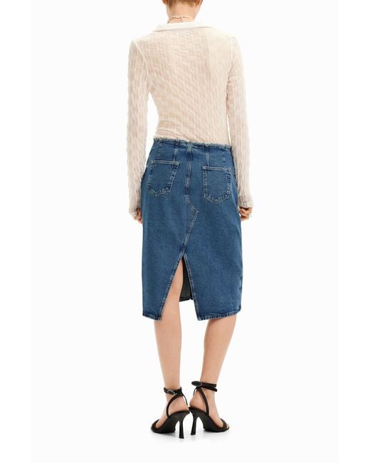 Desigual Blue Midi Skirt, Striped Denim Effect. Cotton