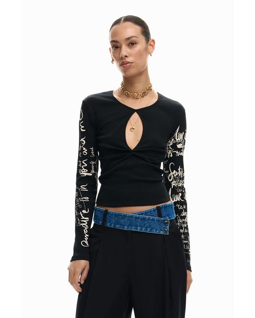 Desigual Black T-Shirt Opening Lettering, Cotton