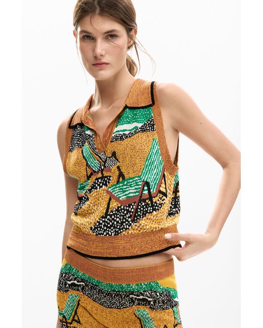 Desigual Green Sleeveless Jacquard T-Shirt