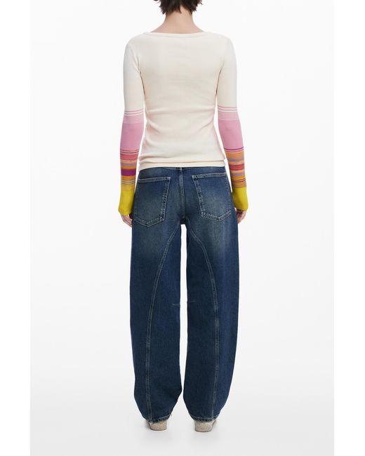 Desigual White T-Shirt With Printed Sleeves
