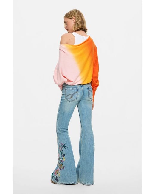 Desigual Blue Jeans Trousers With Flower Topstitching, Cotton