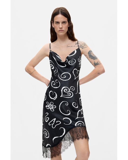 Desigual Black Short Printed Strappy Dress, Viscose