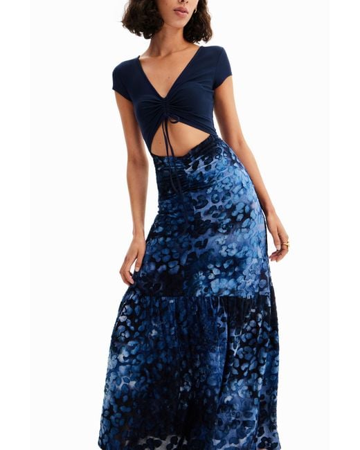 Desigual Blue Combination Textured Animal-Print Long Dress