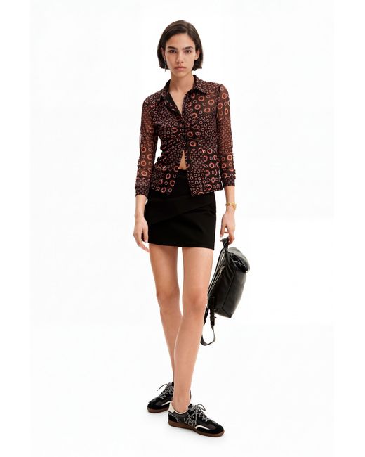Desigual Brown Patchwork Gathered T-Shirt, Polyester