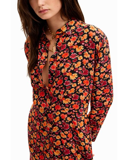 Desigual Red Short Floral Shirt Dress, Viscose