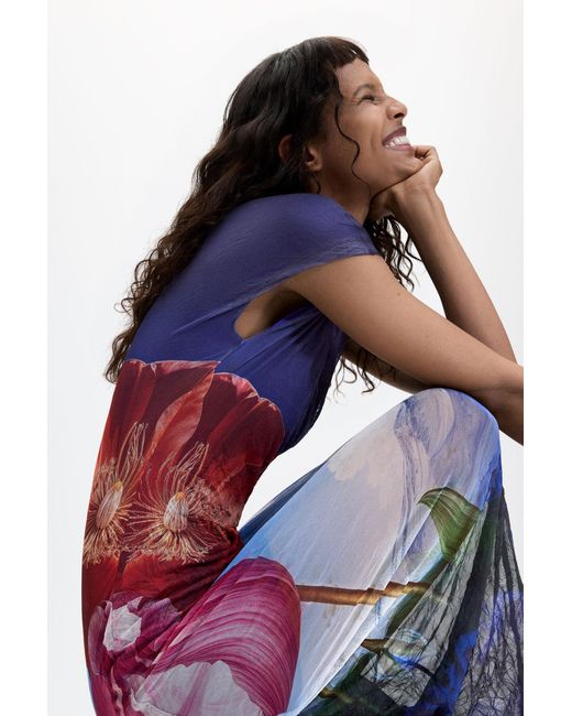 Desigual Blue Printed Short-Sleeve Dress, Polyester