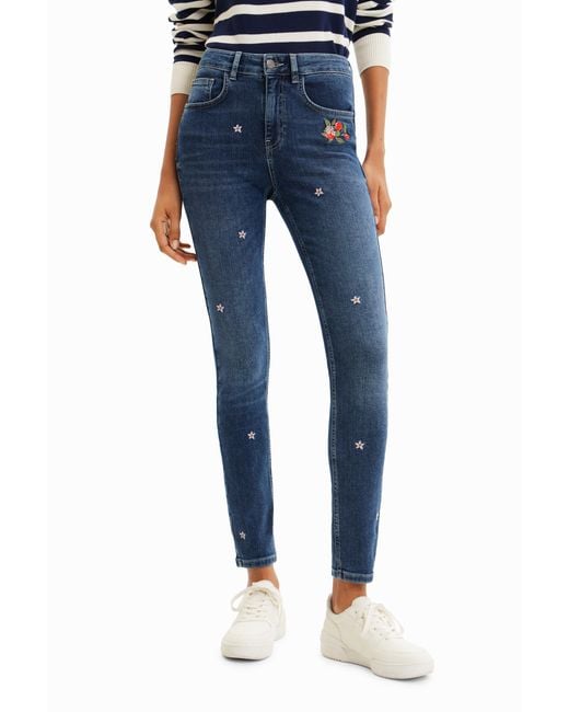 Desigual Blue Flower Skinny Push-Up Jeans, Cotton