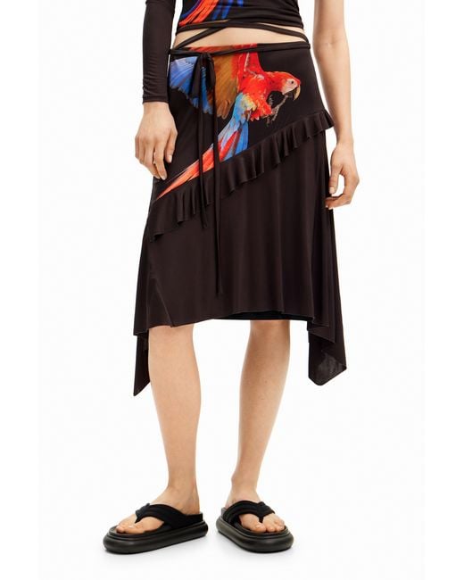 Desigual Black Tyler Mcgillivary Parrot Midi Skirt, Polyester