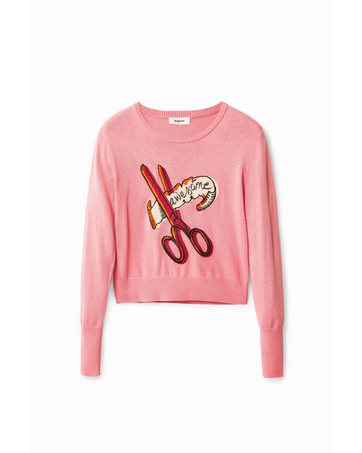 Desigual Pink Loose-Fit Scissors Embroidery Pullover