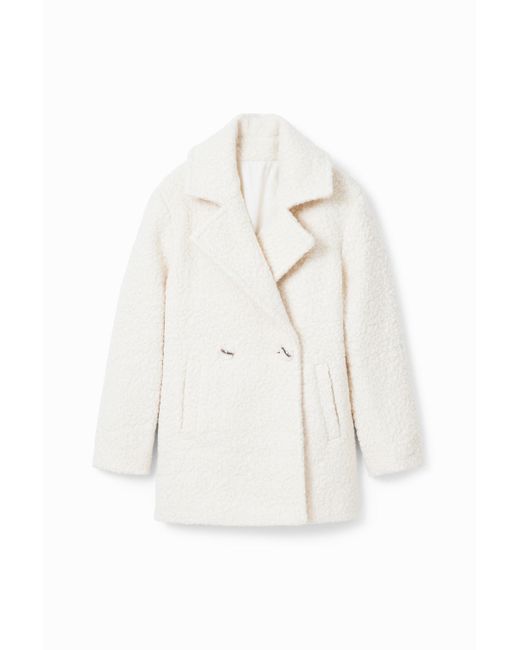 Desigual White Double-Breasted Bouclé Coat