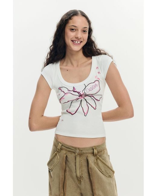 Desigual White Fitted Flower T-Shirt, Cotton