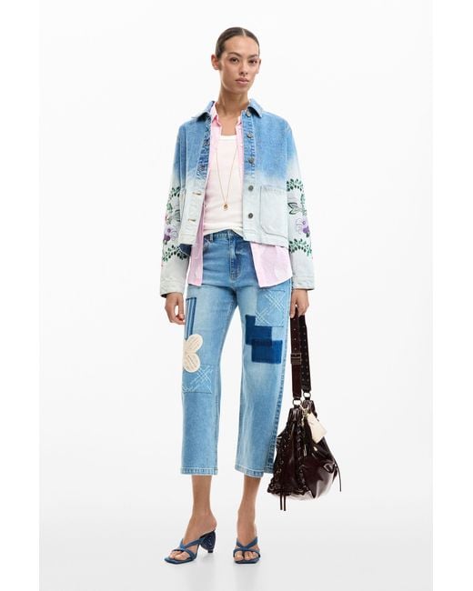 Desigual Blue Denim Jacket Flowers, Cotton