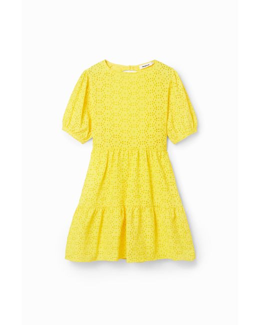 Desigual Yellow Kurzes Kleid Schweizer Lochstickerei