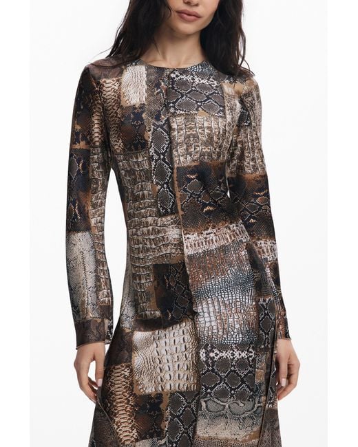 Desigual Brown Flowy Animal Print Dress, Polyester