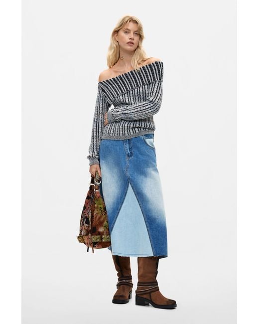 Desigual Gray Ribbed Boat Neck Sweater