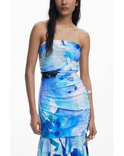 Desigual Blue Asymmetric Bandeau Dress, Polyester