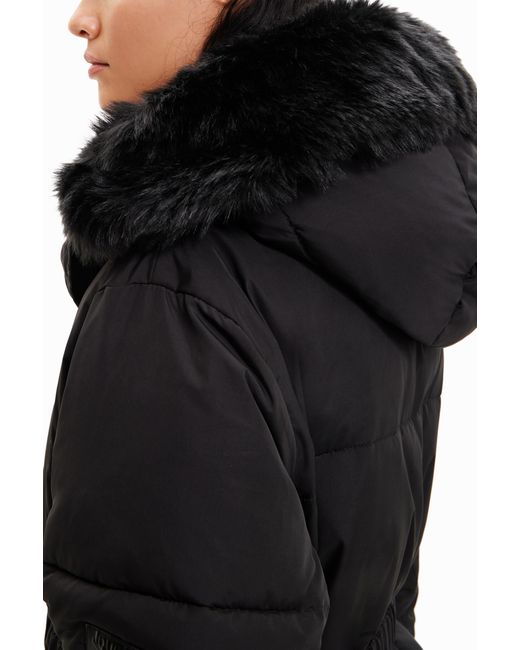 Desigual Black Long Padded Coat With Belt, Polyester