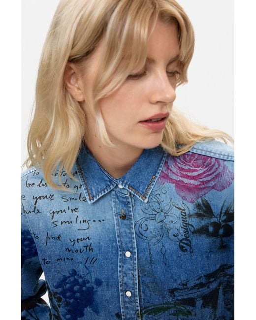 Desigual Blue Printed Embroidered Shirt, Cotton