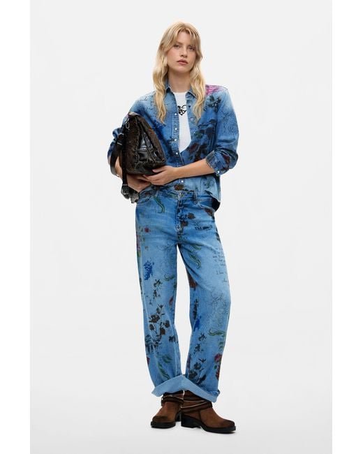 Desigual Blue Printed Straight Jeans, Cotton