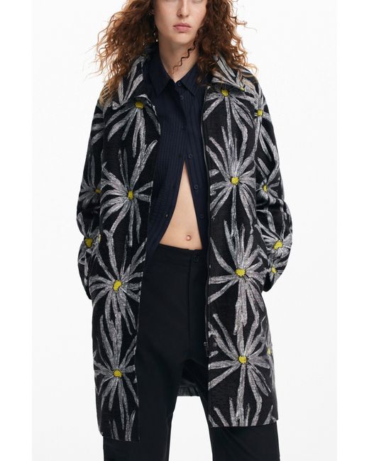 Desigual Black Daisy Print Coat, Polyester