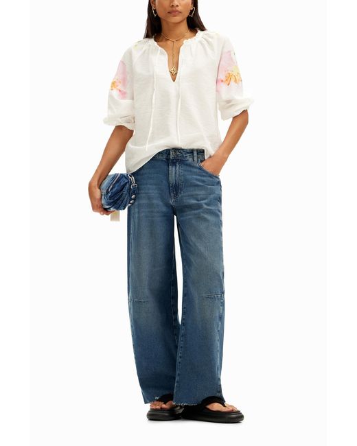 Desigual White Flowy Blouse With Watercolor Floral Print