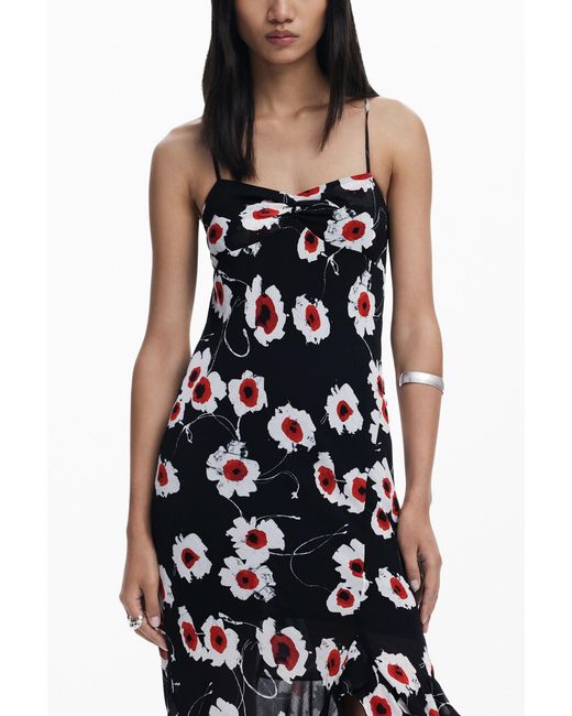 Desigual White Poppy Ruffle Midi Dress, Polyester