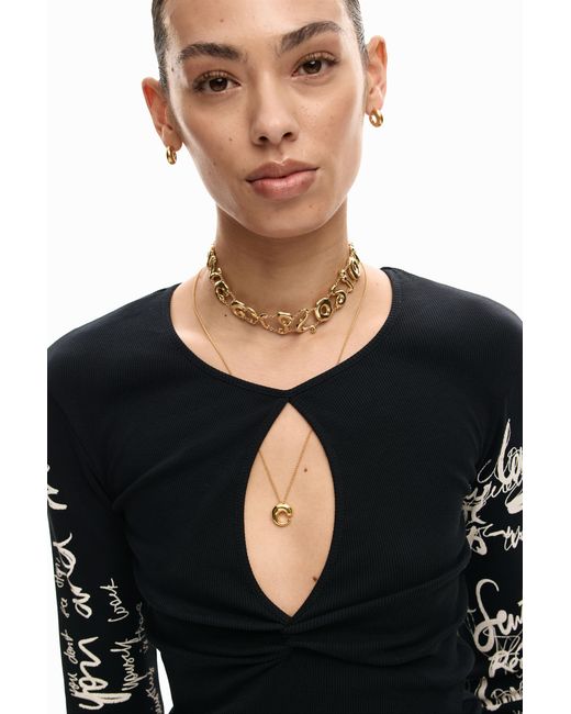 Desigual Black T-Shirt Opening Lettering, Cotton