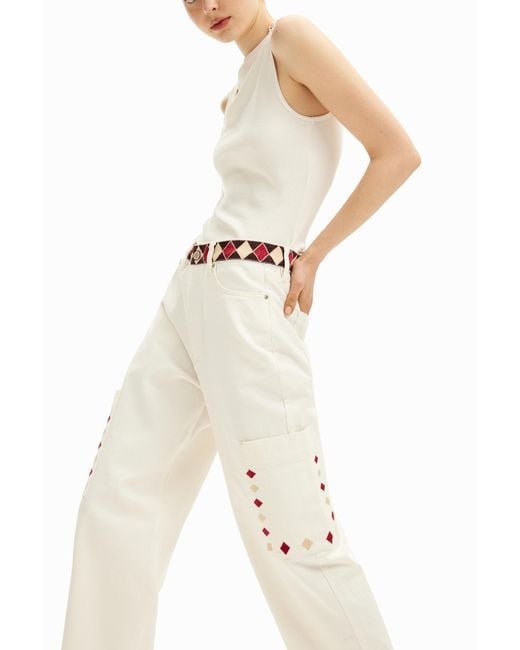 Desigual White Cropped Denim Pants With Diamond-Shaped Edges. Cotton