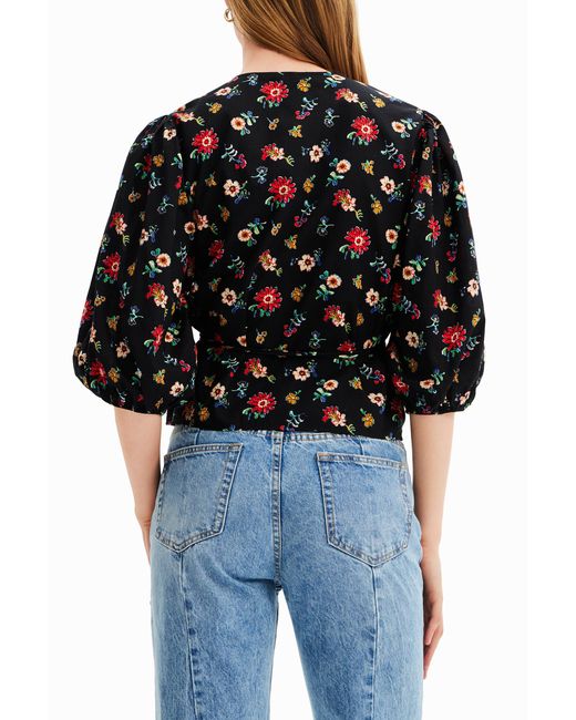 Desigual Black Floral Wrap Blouse, Cotton