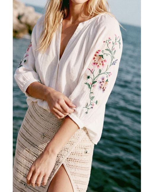 Desigual White Blouse Embroidered Sleeves