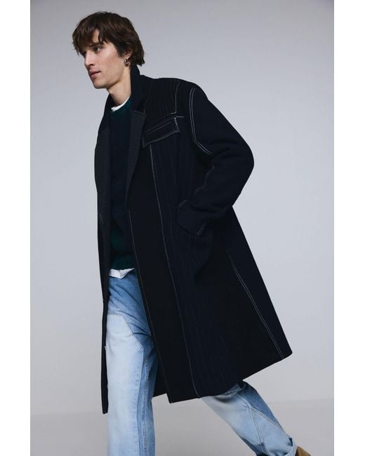 Desigual Blue Long Striped Wool Coat for men