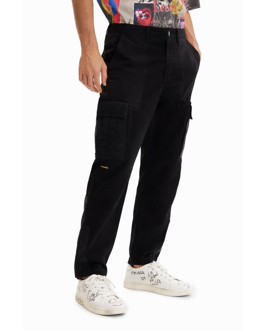 Desigual Black Patchwork Cargo Trousers, Cotton for men