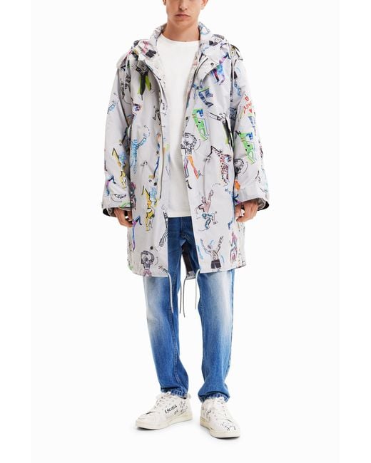 Desigual White Oversize Arty Parka, Polyester for men