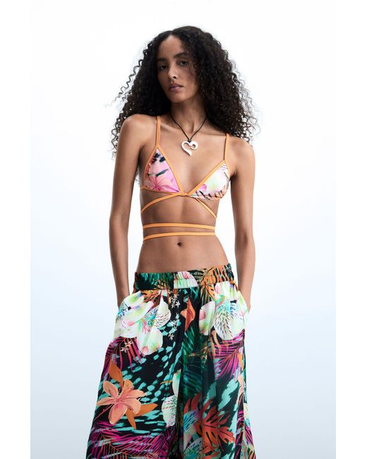Desigual Blue Floral Print Trousers, Viscose