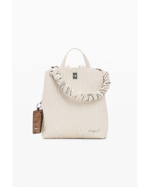 Desigual White Small Backpack With Engravings, Polyurethane