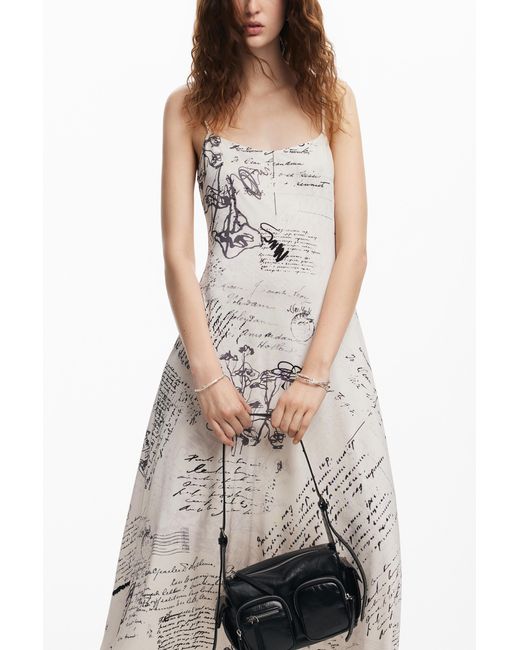 Desigual White Newspaper Print Dress, Polyester