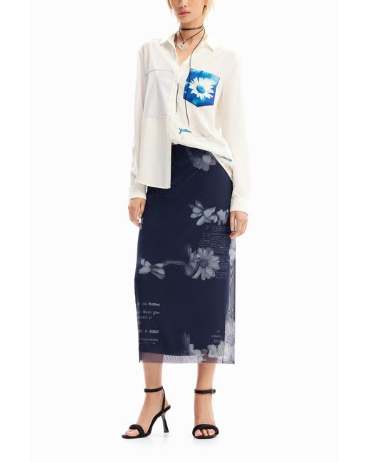 Desigual Blue Patchwork Pocket Daisy Shirt, Viscose