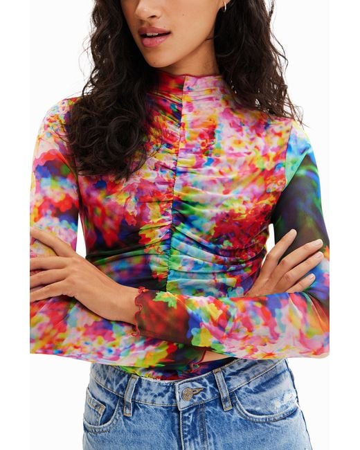 Desigual Red Ruched Floral Tulle Bodysuit, Polyester