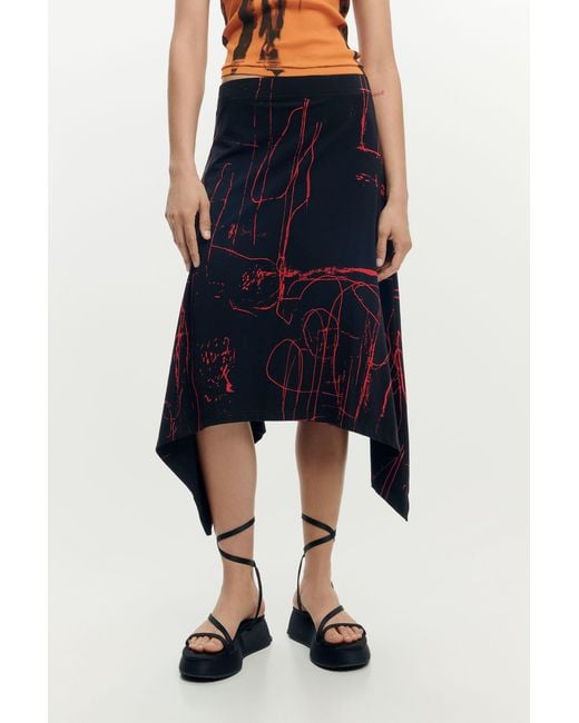 Desigual Black Asymmetrical Printed Skirt, Cotton