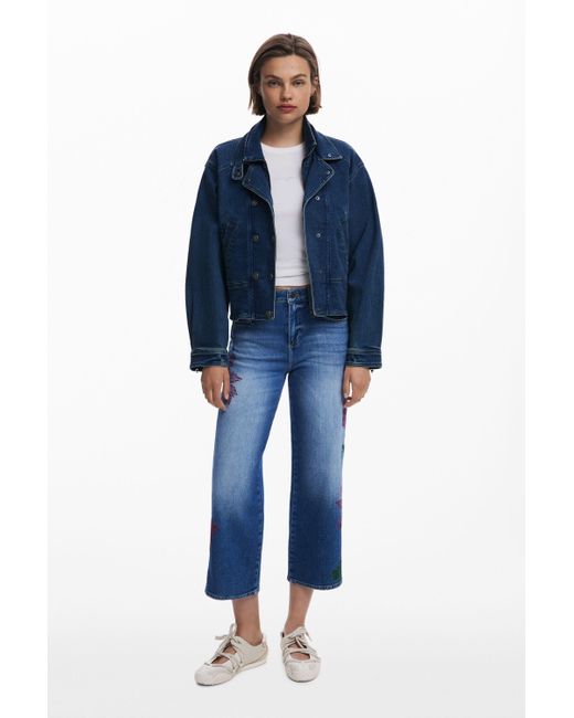 Desigual Blue Embroidered Culotte Jeans