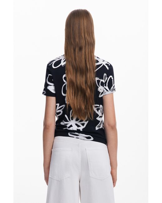 Desigual Blue Large Flower T-Shirt, Cotton