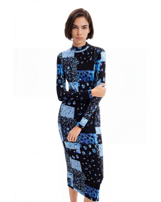 Desigual Blue Floral Ribbed Midi Dress, Viscose