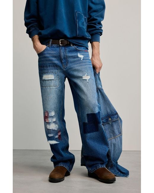 Desigual Blue Patched Jeans, Cotton for men
