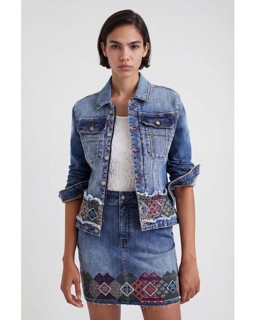 Desigual Blue Denim Jacket With Border, Cotton