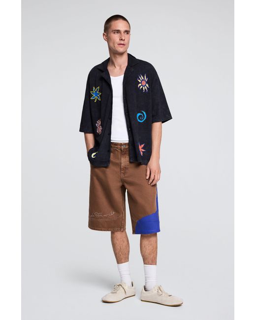 Desigual Blue Embroidered Cotton Shirt, Cotton for men