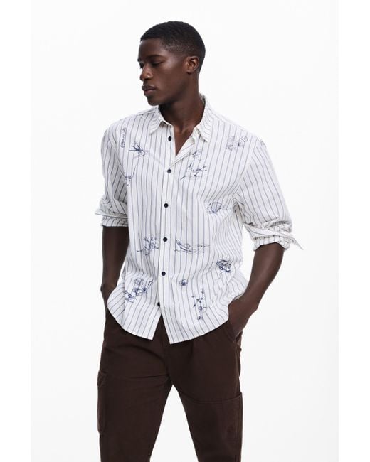 Desigual White Striped Shirt With Illustrations, Cotton for men