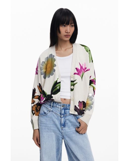Desigual Blue Floral Print Cardigan, Cotton