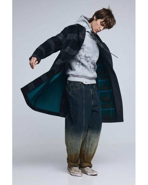 Desigual Blue Wool Bimaterial Checkered Coat for men