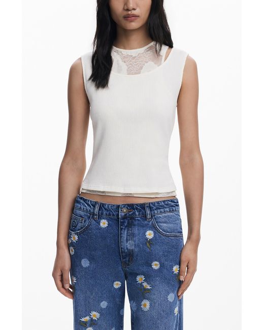 Desigual Blue Straight Jeans With Daisies, Cotton