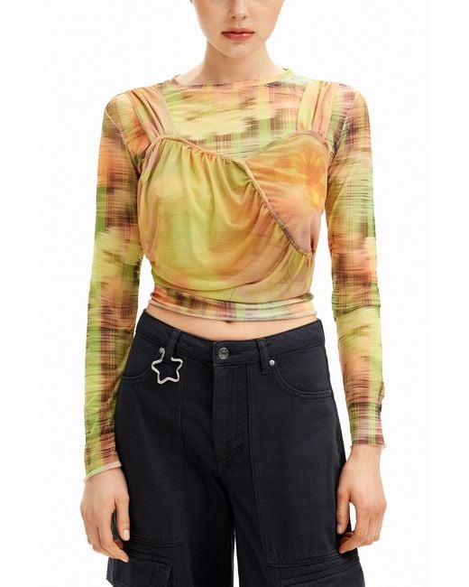 Desigual Yellow Double Layer Knit T-Shirt, Polyester